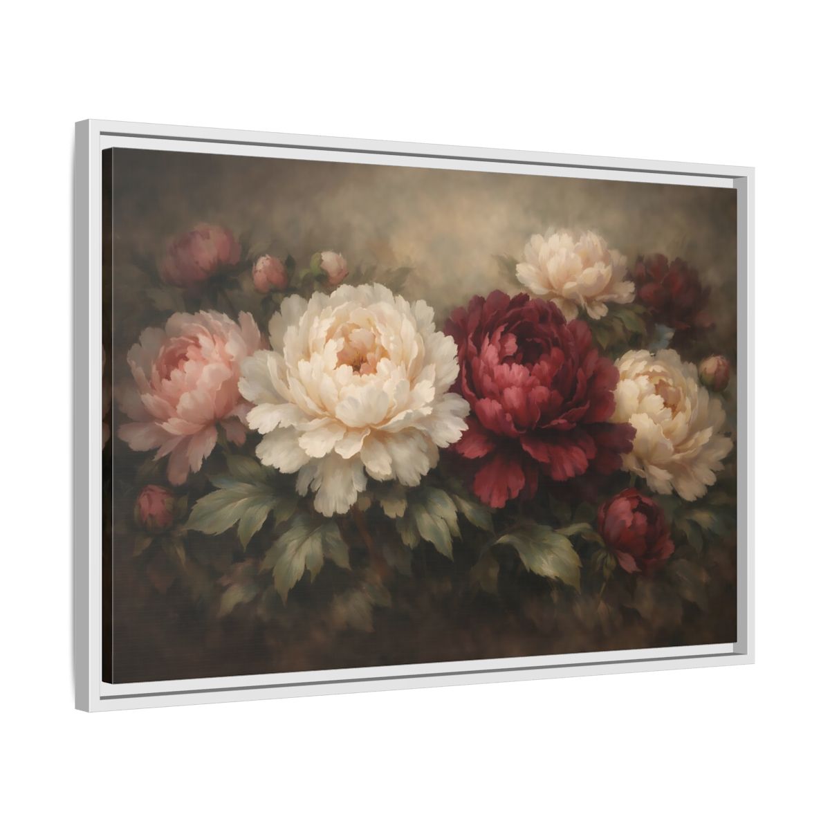 Side Mockup 10. Floral Peonies Red White Floral shown as stretched canvas wall art