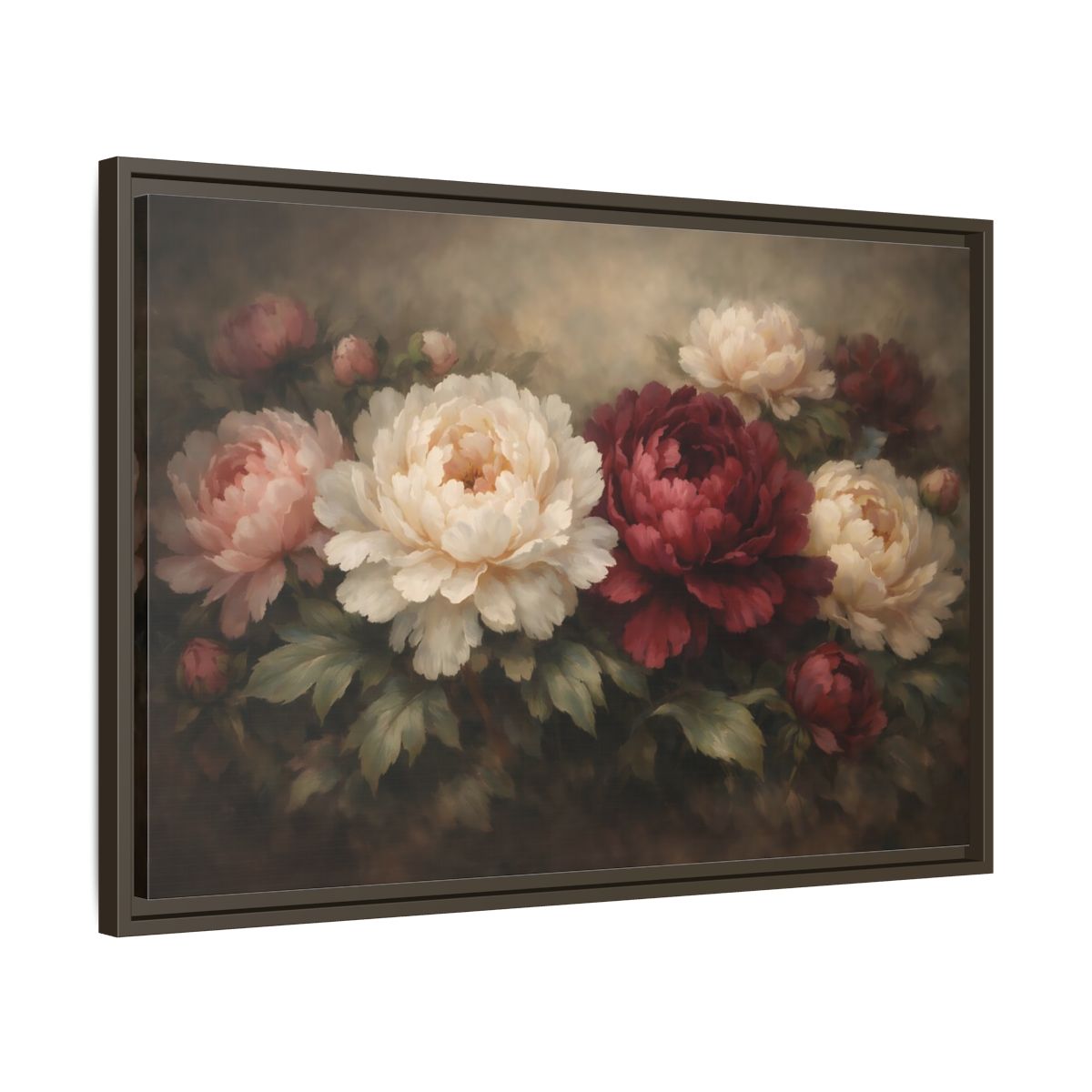 Side Mockup 11. Floral Peonies Red White Floral shown as stretched canvas wall art