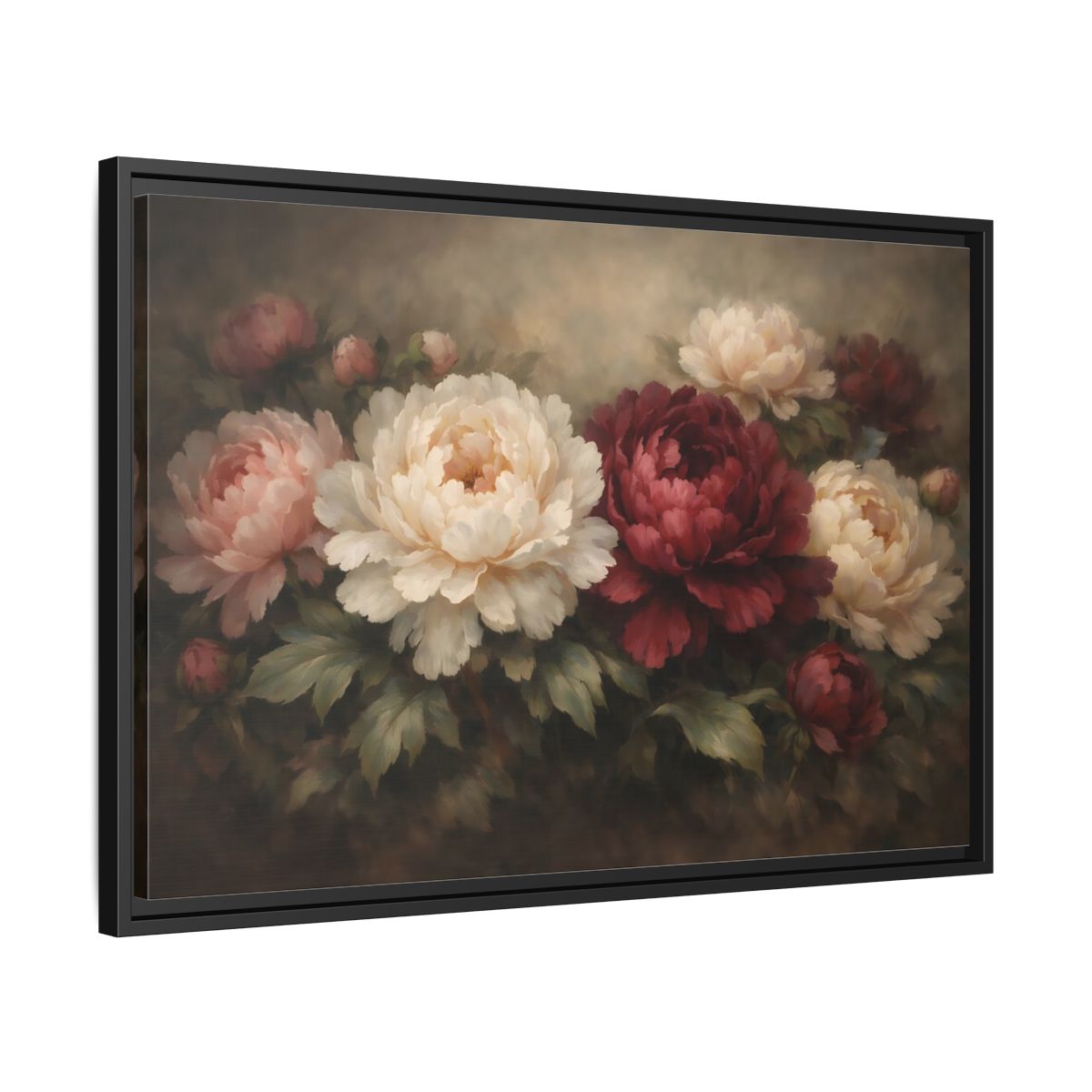 Side Mockup 14. Floral Peonies Red White Floral shown as stretched canvas wall art