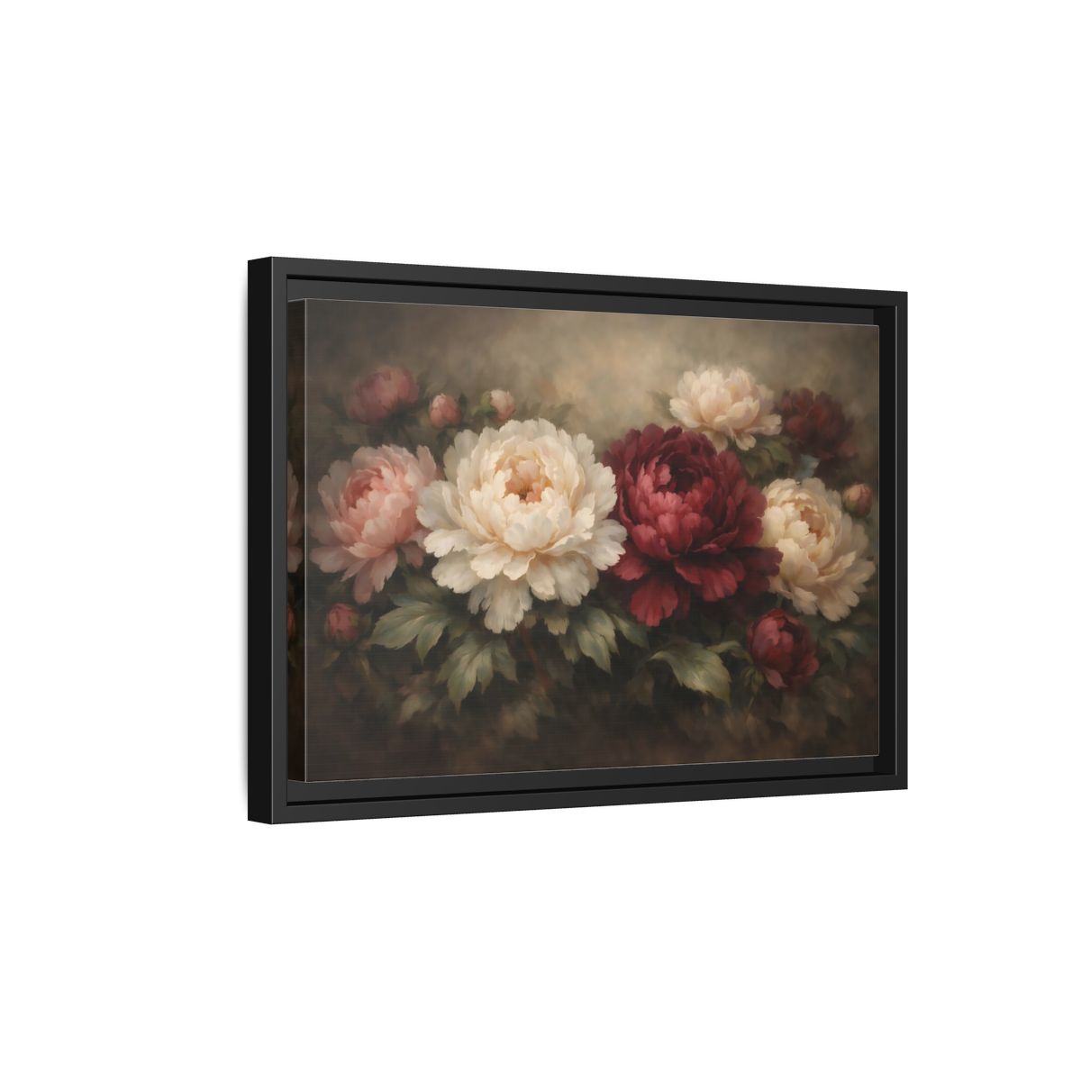 Side Mockup 6. Floral Peonies Red White Floral shown as stretched canvas wall art
