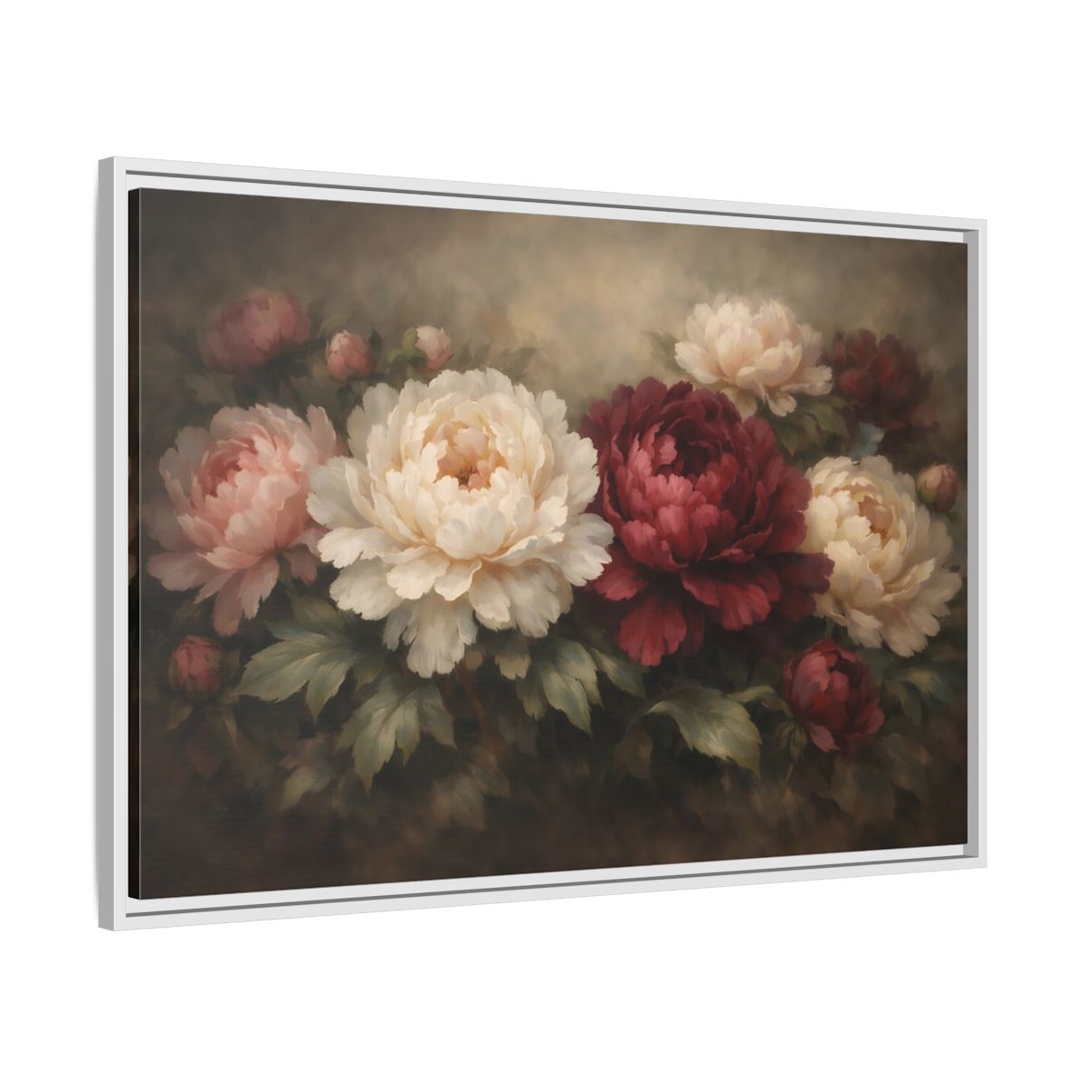 Side Mockup 8. Floral Peonies Red White Floral shown as stretched canvas wall art