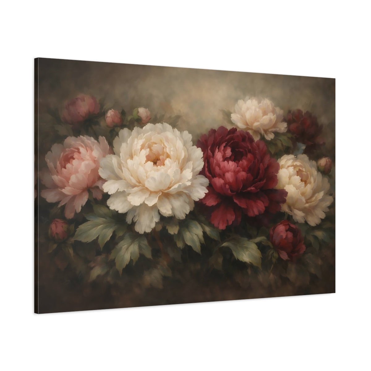 Main Mockup. Floral Peonies Red White Peonies shown as stretched canvas wall art