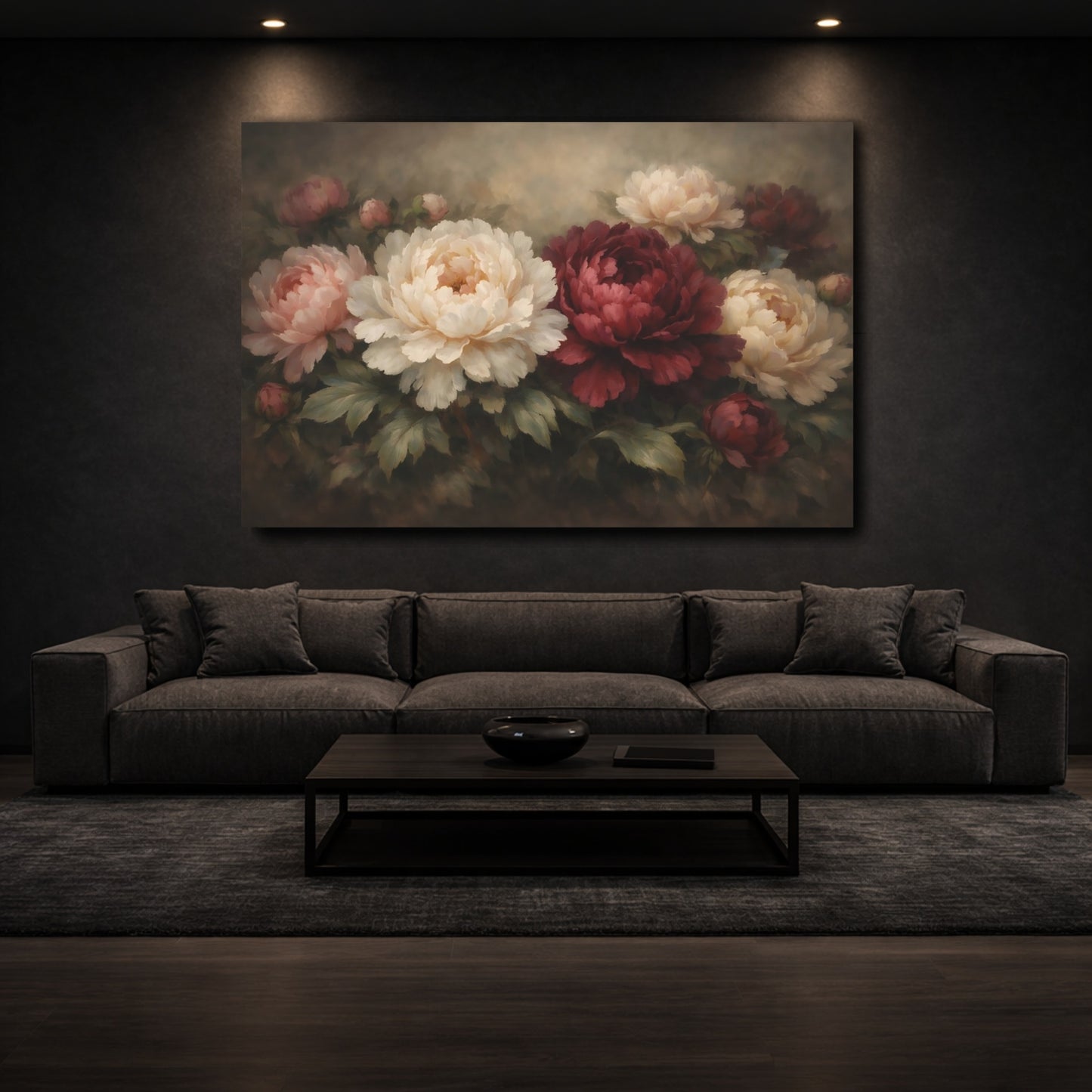 Mockup 2. Floral Peonies Red White Peonies shown as stretched canvas wall art
