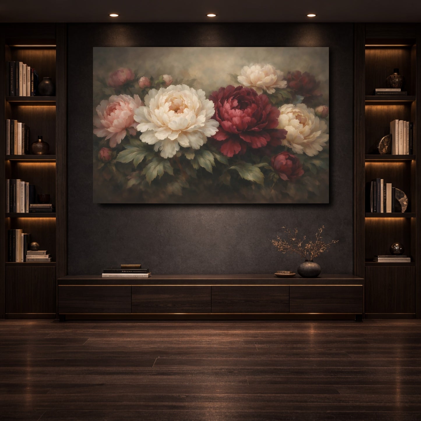 Mockup 3. Floral Peonies Red White Peonies shown as stretched canvas wall art