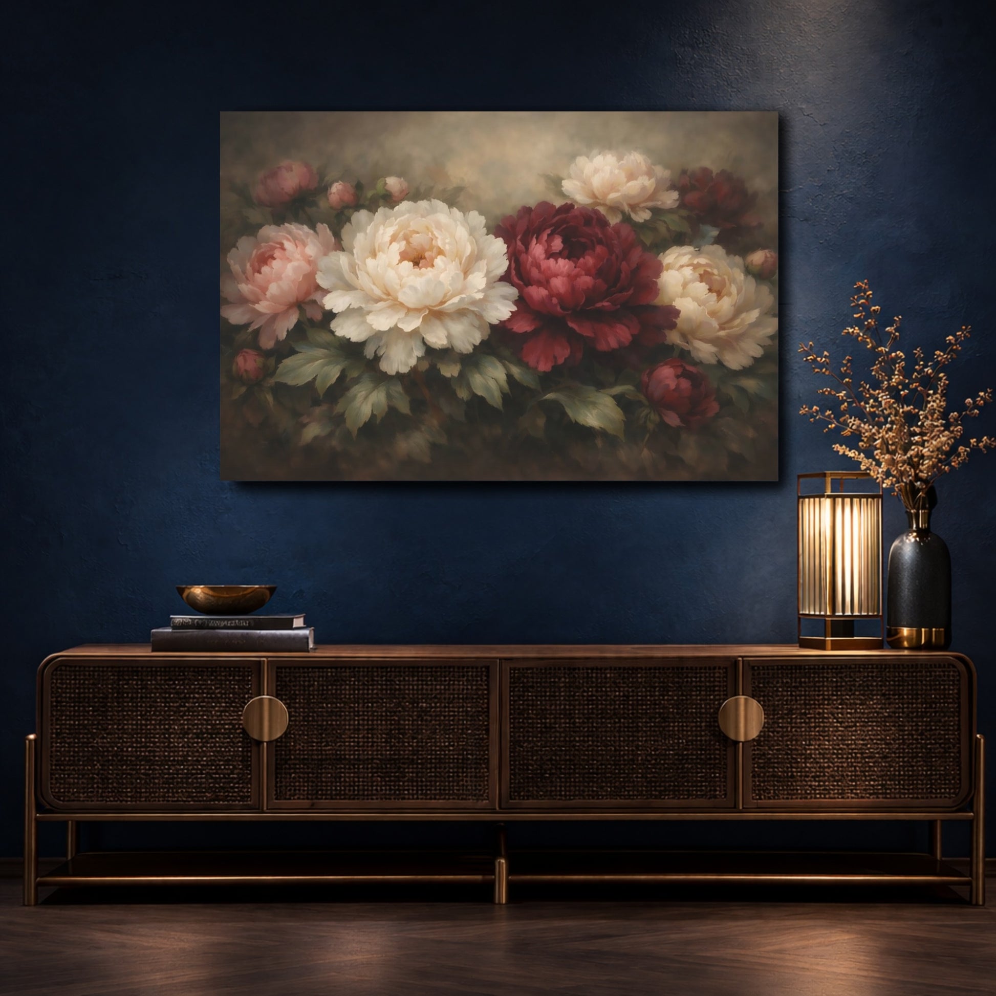 Mockup 4. Floral Peonies Red White Peonies shown as stretched canvas wall art