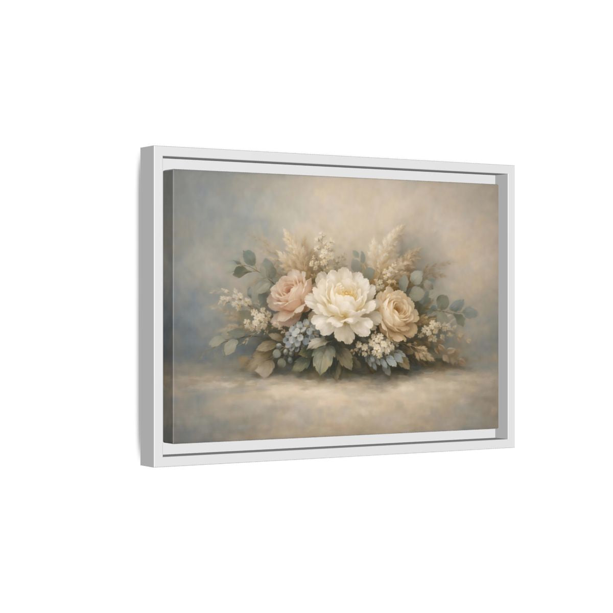 Side Mockup 4. Floral Peonies Roses Muted Floral Arrangement shown as stretched canvas wall art