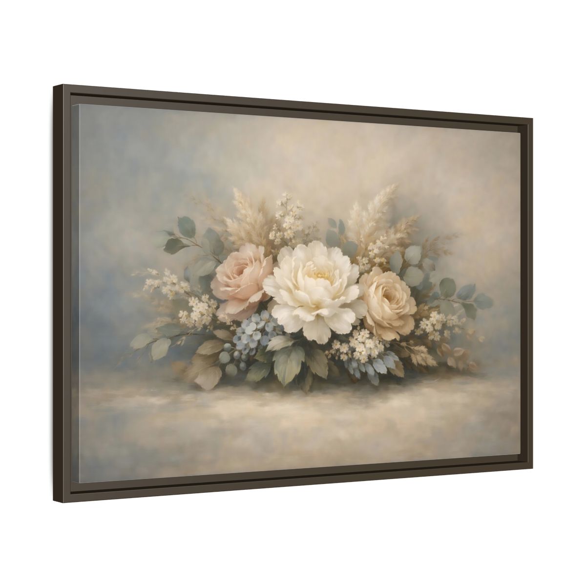 Side Mockup 11. Floral Peonies Roses Muted Floral Arrangement shown as stretched canvas wall art