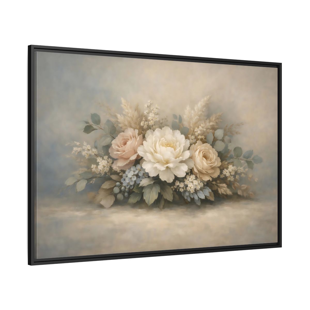 Side Mockup 12. Floral Peonies Roses Muted Floral Arrangement shown as stretched canvas wall art