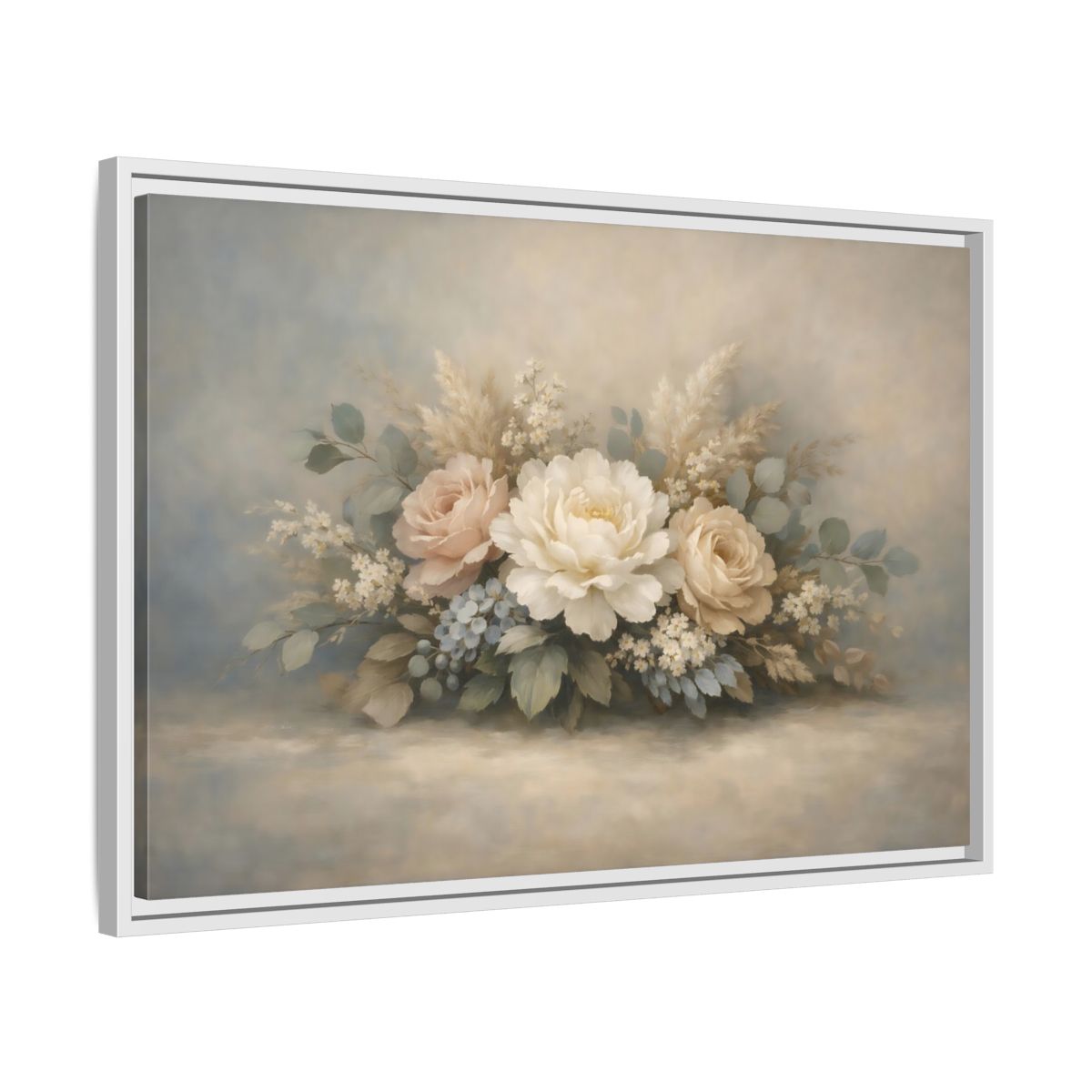 Side Mockup 10. Floral Peonies Roses Muted Floral Arrangement shown as stretched canvas wall art