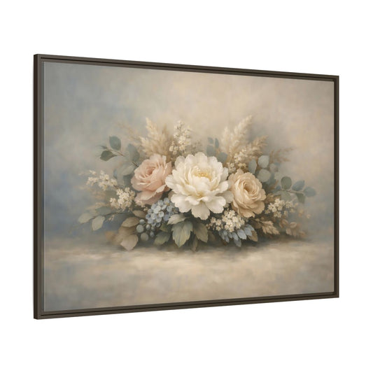 Main Mockup. Floral Peonies Roses Muted Floral Arrangement shown as stretched canvas wall art