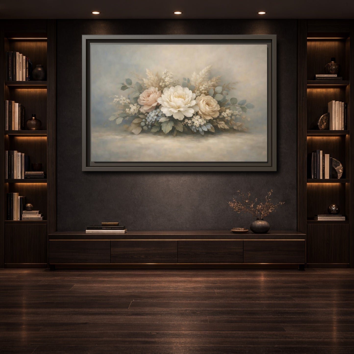 Mockup 3. Floral Peonies Roses Muted Floral Arrangement shown as stretched canvas wall art