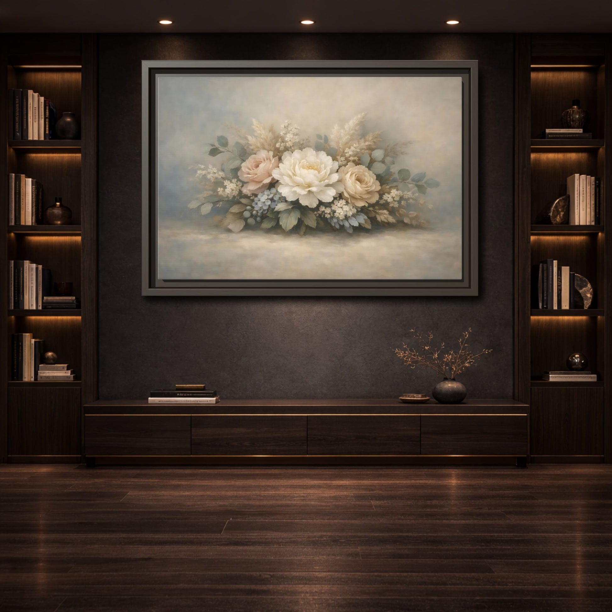 Mockup 3. Floral Peonies Roses Muted Floral Arrangement shown as stretched canvas wall art