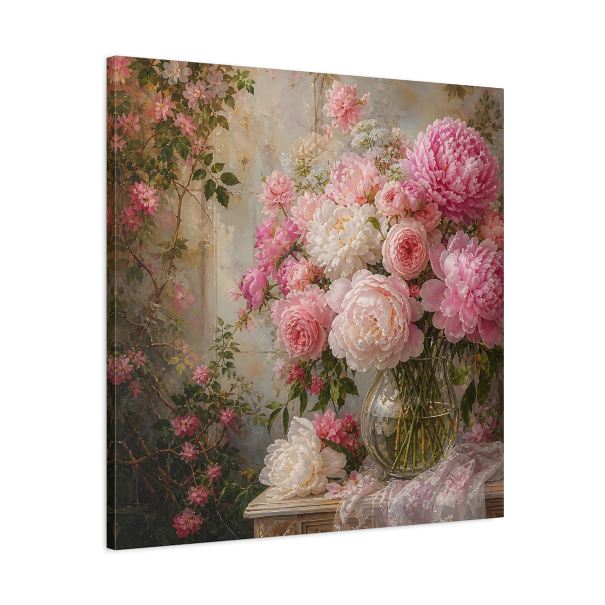 Side Mockup 3. Floral Peonies Roses Pink Floral Arrangement shown as stretched canvas wall art