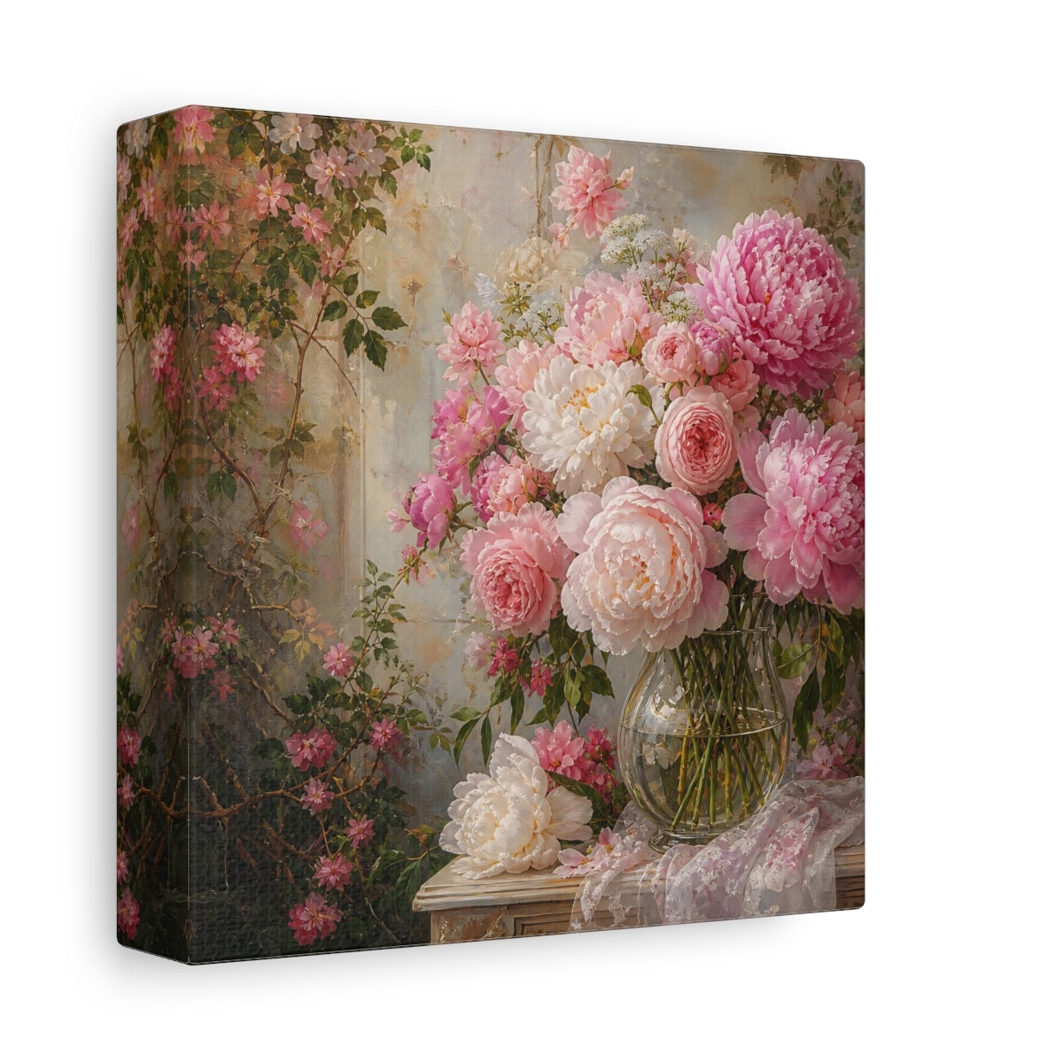 Side Mockup 2. Floral Peonies Roses Pink Floral Arrangement shown as stretched canvas wall art