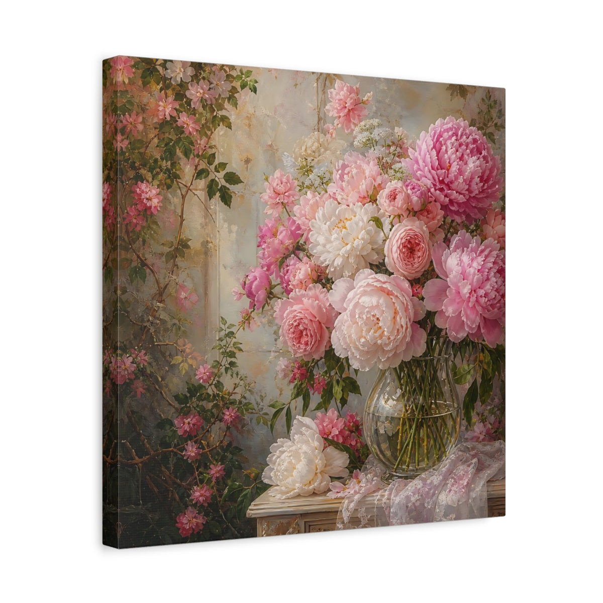 Side Mockup 6. Floral Peonies Roses Pink Floral Arrangement shown as stretched canvas wall art