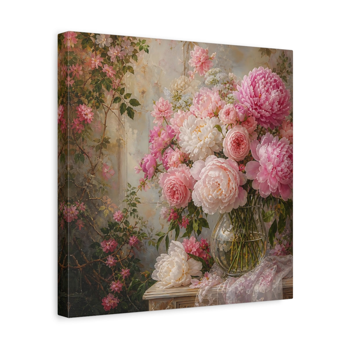 Side Mockup 7. Floral Peonies Roses Pink Floral Arrangement shown as stretched canvas wall art