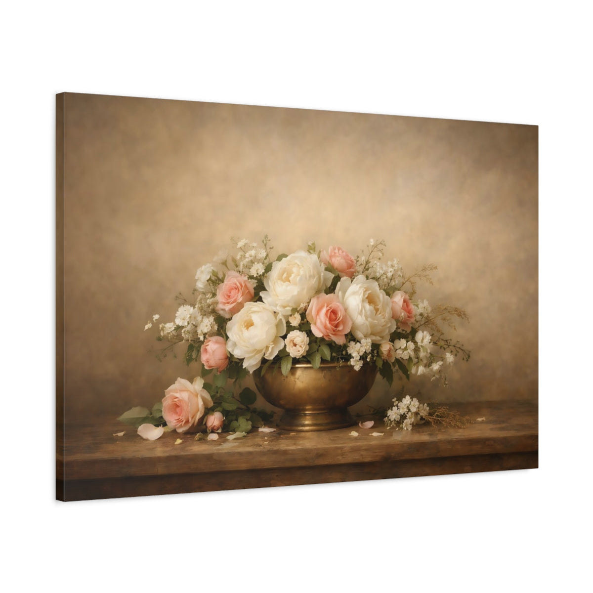 Side Mockup 1. Floral Peonies Roses Pink Cream Flowers shown as stretched canvas wall art