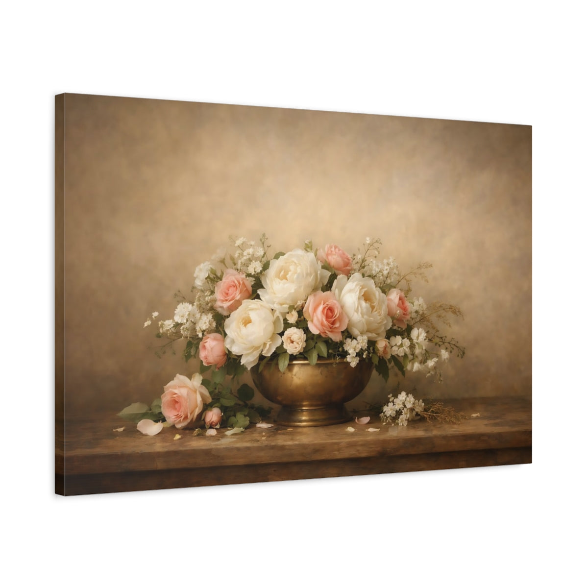 Side Mockup 2. Floral Peonies Roses Pink Cream Flowers shown as stretched canvas wall art