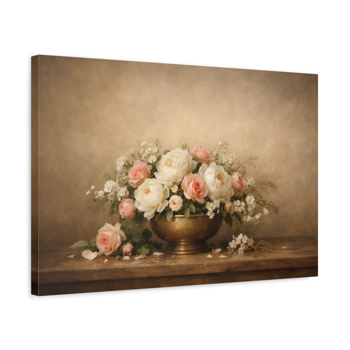 Side Mockup 3. Floral Peonies Roses Pink Cream Flowers shown as stretched canvas wall art