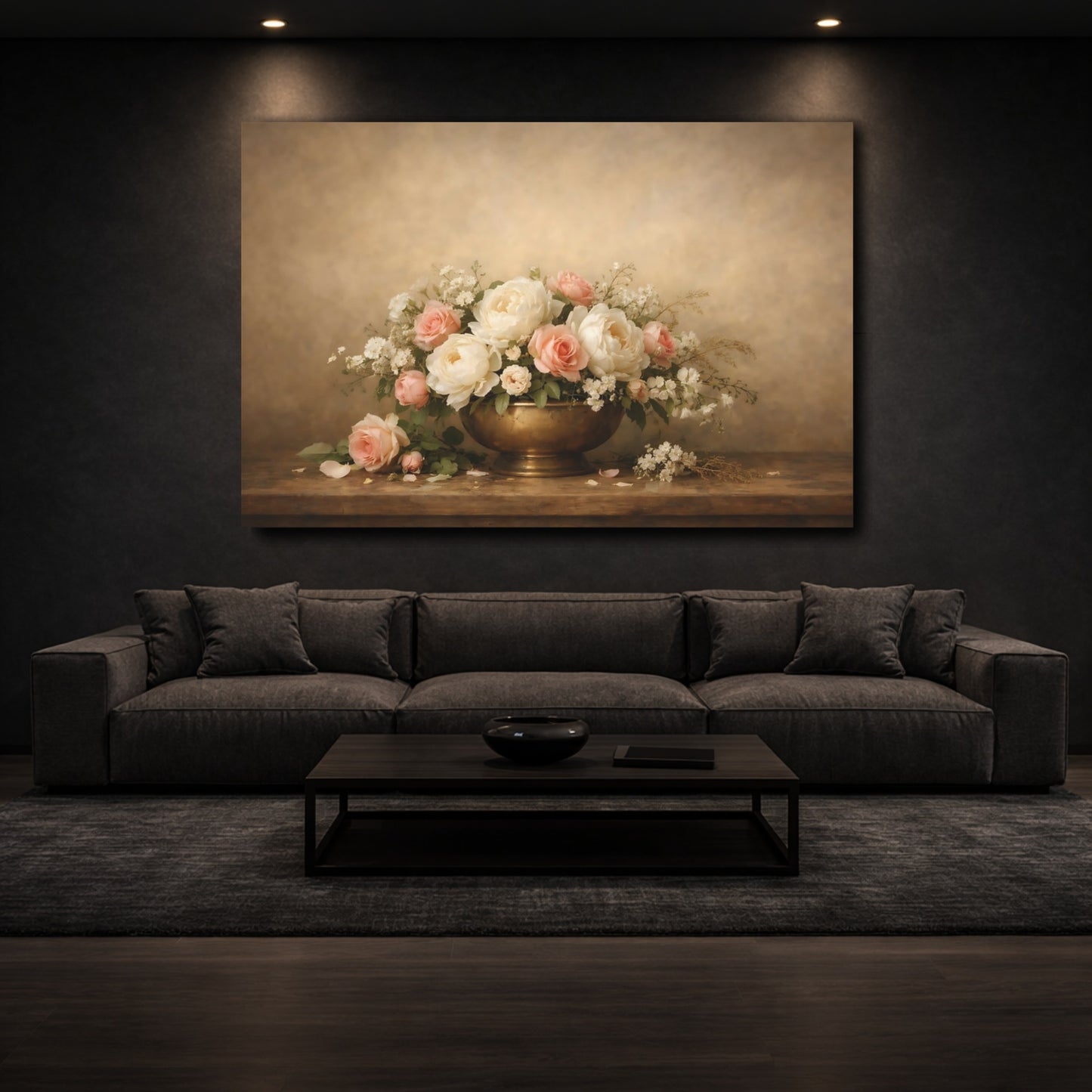 Mockup 2. Floral Peonies Roses Pink Cream Flowers shown as stretched canvas wall art