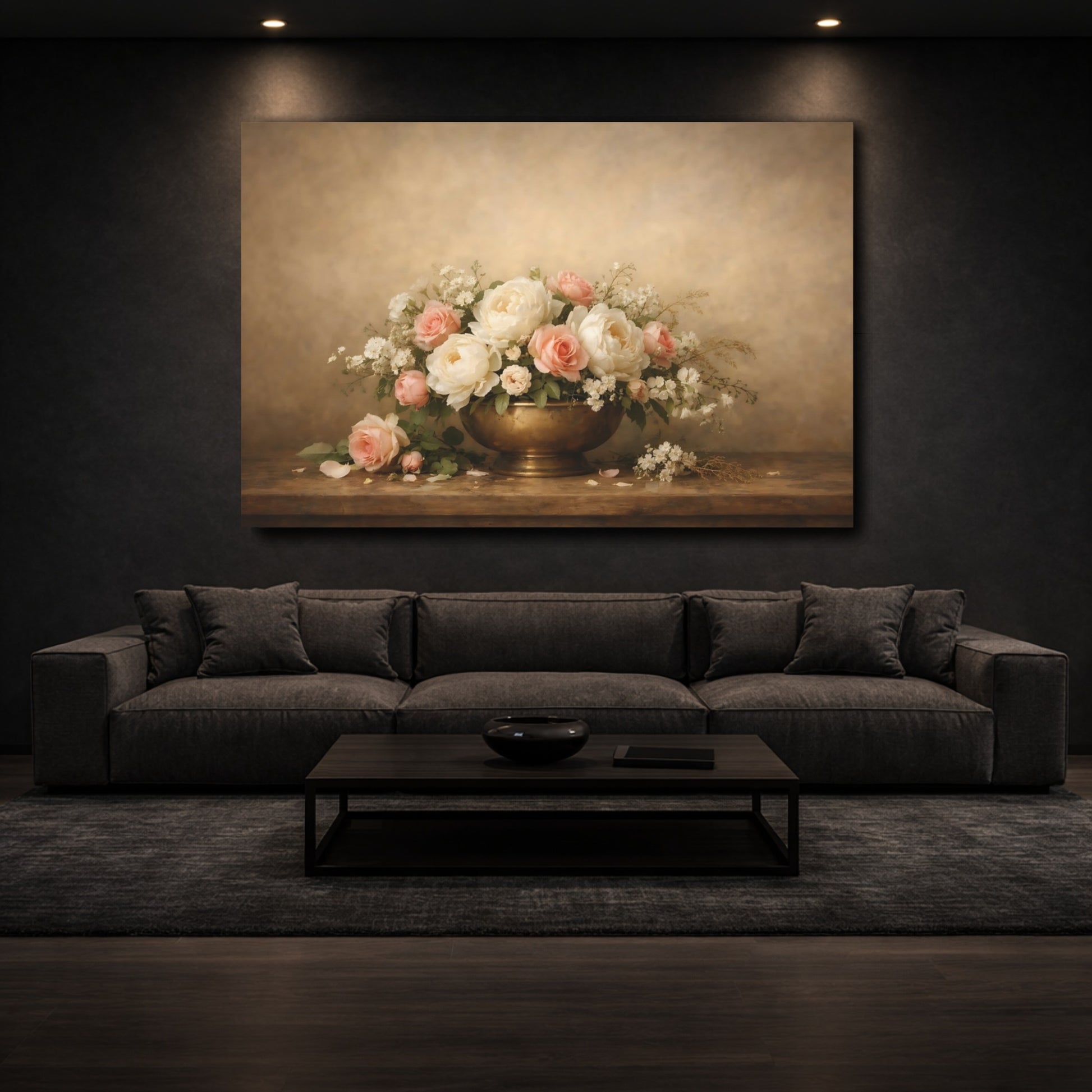 Mockup 2. Floral Peonies Roses Pink Cream Flowers shown as stretched canvas wall art