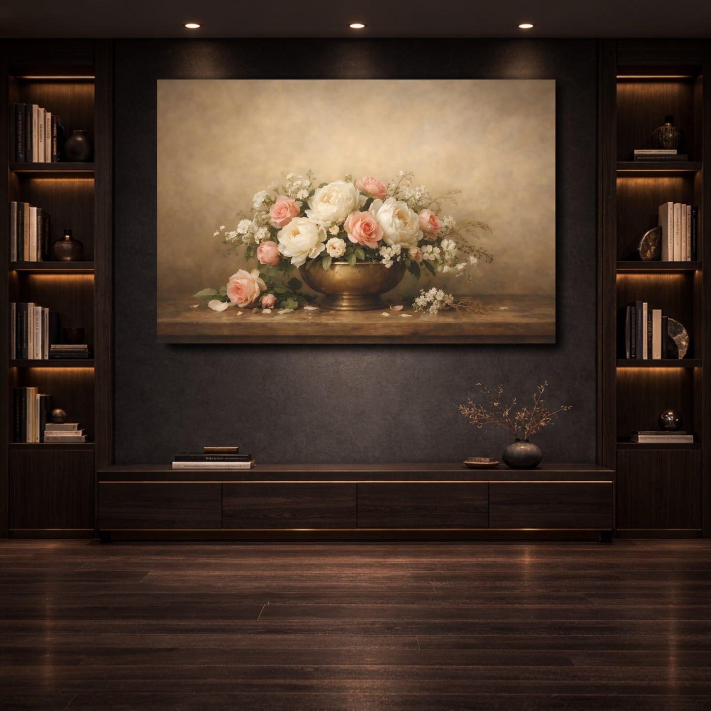 Mockup 3. Floral Peonies Roses Pink Cream Flowers shown as stretched canvas wall art