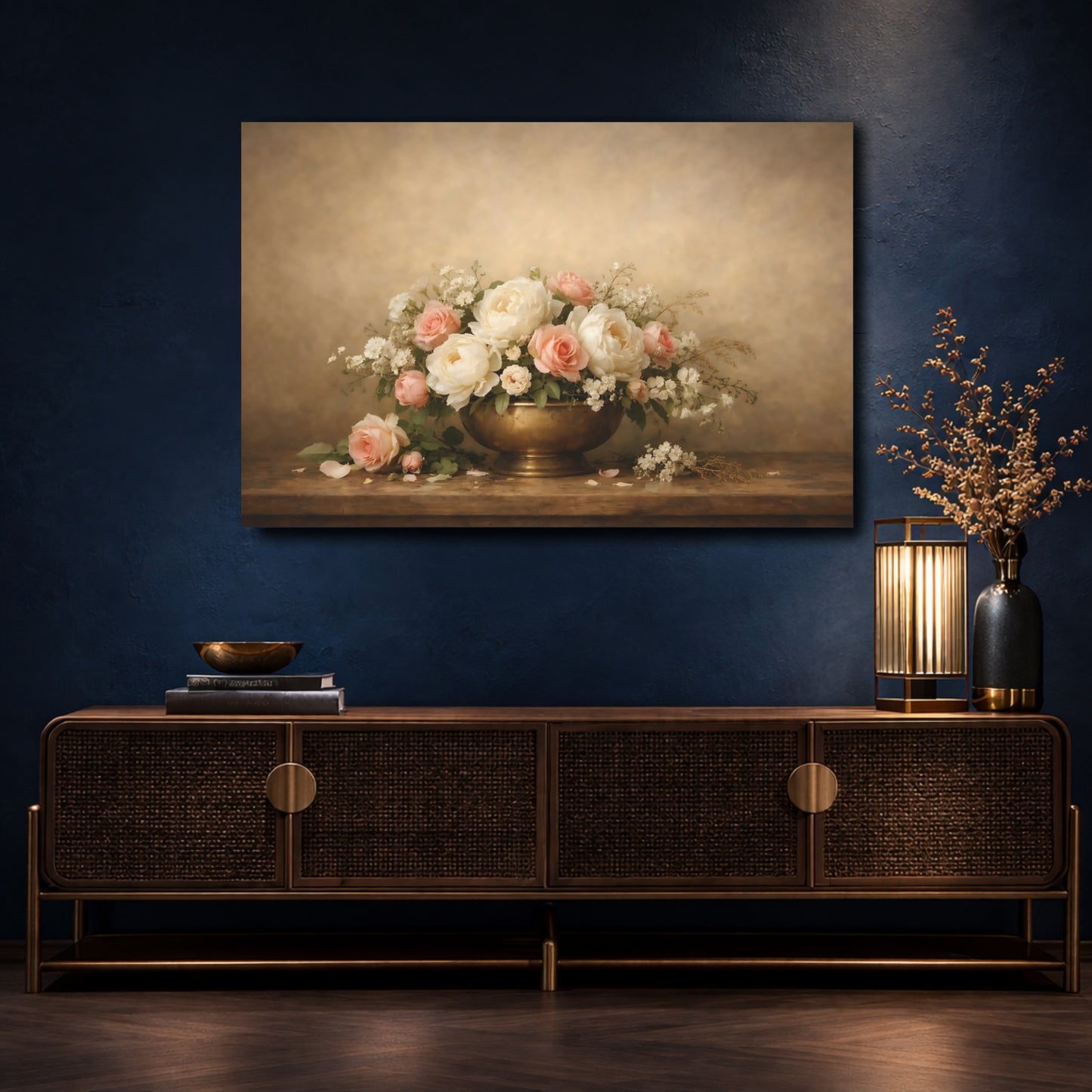 Mockup 4. Floral Peonies Roses Pink Cream Flowers shown as stretched canvas wall art
