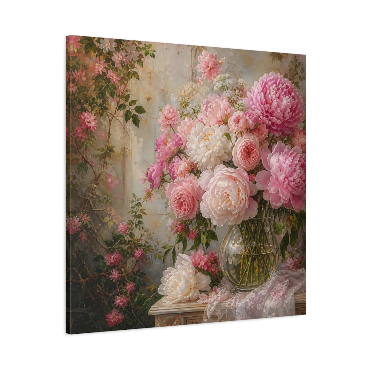 Main Mockup. Floral Peonies Roses Pink Floral Arrangement shown as stretched canvas wall art