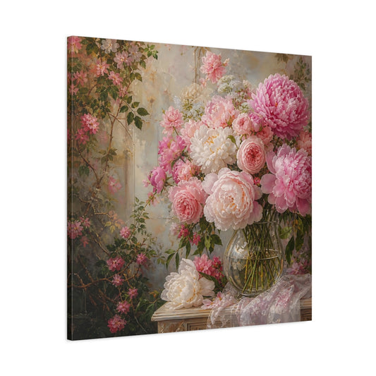 Main Mockup. Floral Peonies Roses Pink Floral Arrangement shown as stretched canvas wall art