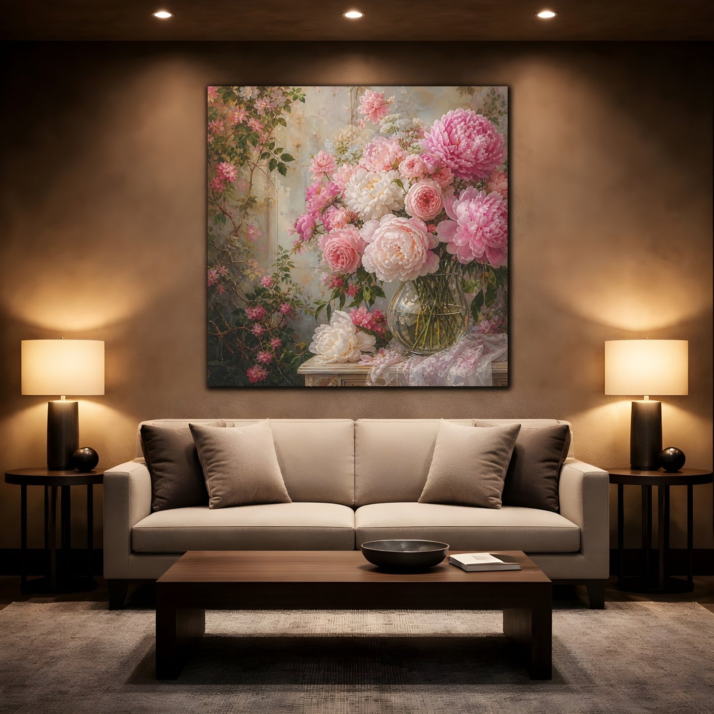 Mockup 2. Floral Peonies Roses Pink Floral Arrangement shown as stretched canvas wall art