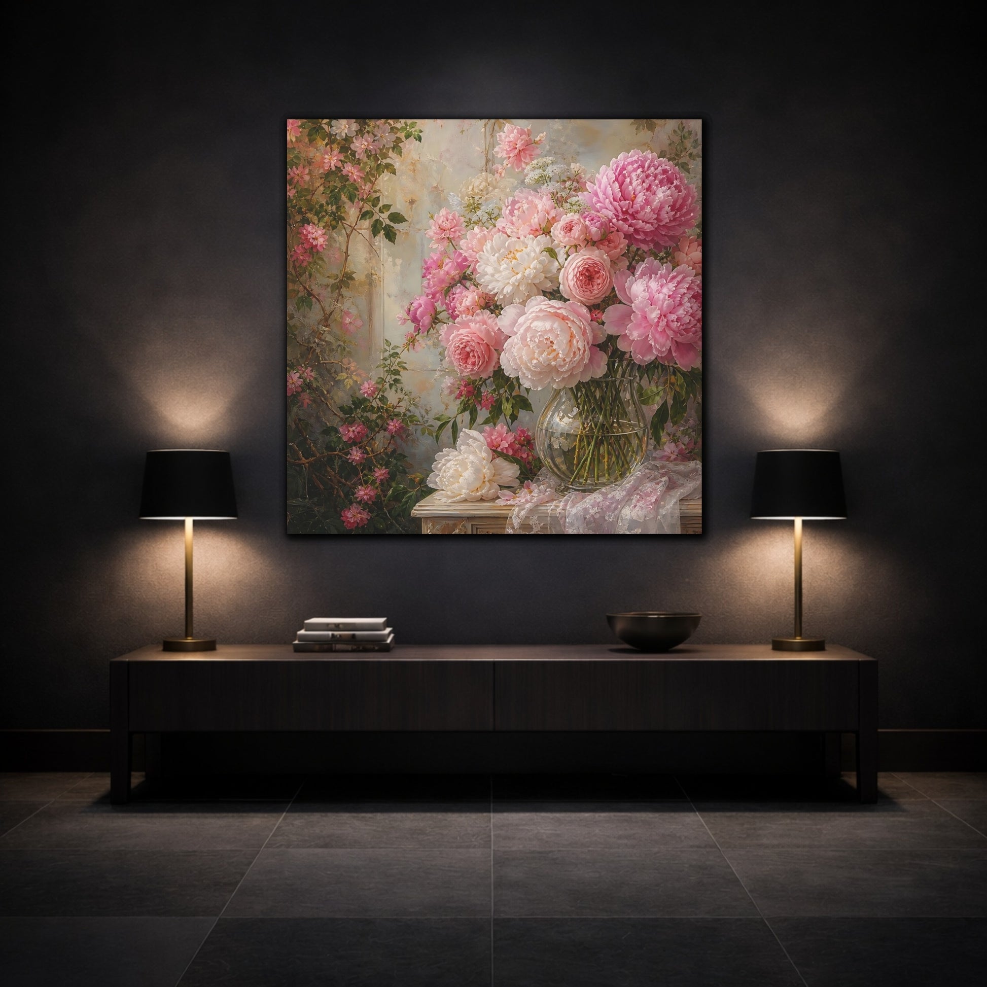 Mockup 3. Floral Peonies Roses Pink Floral Arrangement shown as stretched canvas wall art
