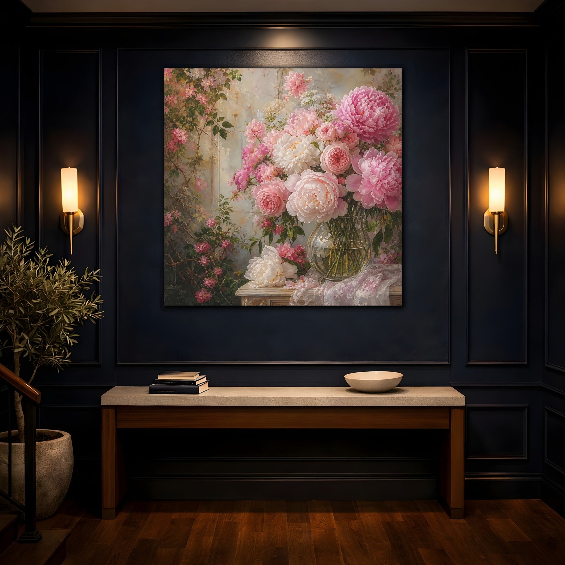 Mockup 4. Floral Peonies Roses Pink Floral Arrangement shown as stretched canvas wall art