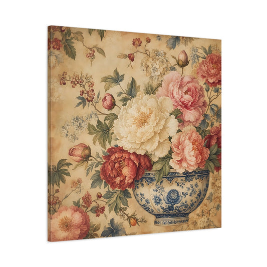 Main Mockup. Floral Peonies Vintage Peony Floral shown as stretched canvas wall art