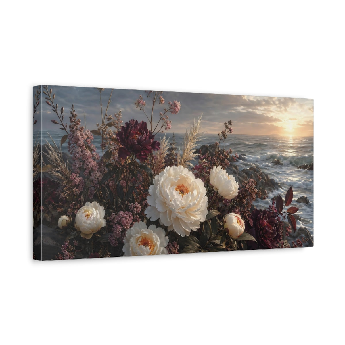 Side Mockup 3. Floral Peonies White And Burgundy Floral shown as stretched canvas wall art