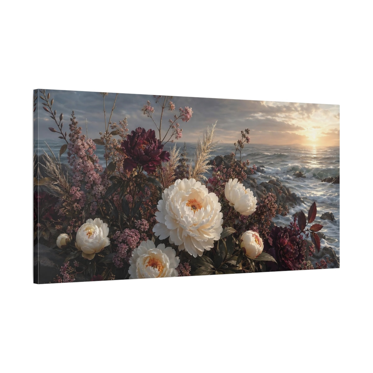 Main Mockup. Floral Peonies White And Burgundy Floral shown as stretched canvas wall art