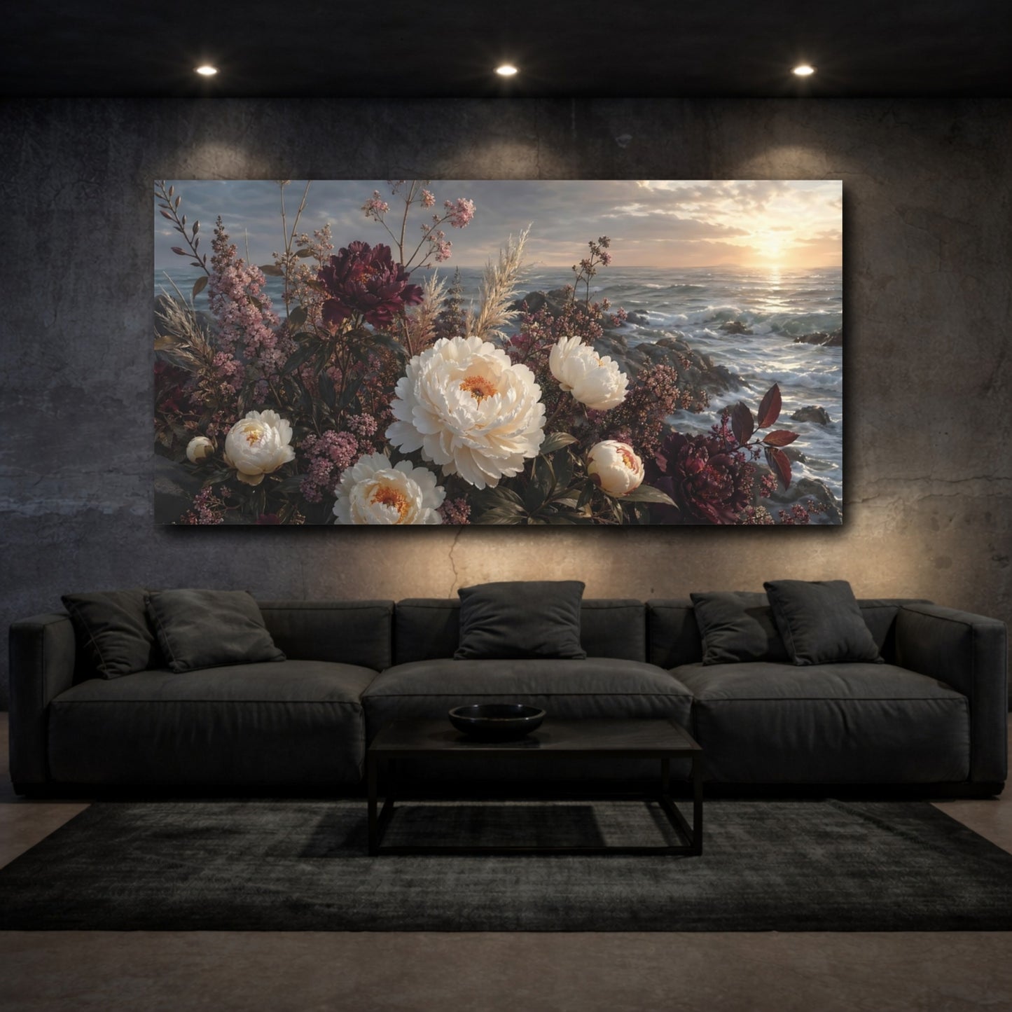 Mockup 2. Floral Peonies White And Burgundy Floral shown as stretched canvas wall art