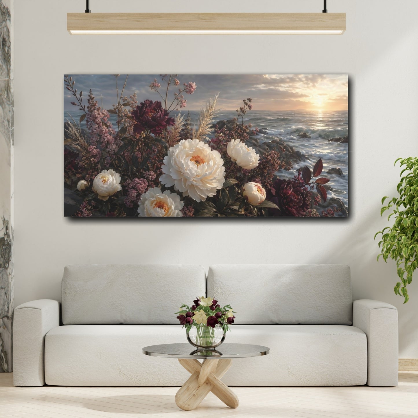 Mockup 3. Floral Peonies White And Burgundy Floral shown as stretched canvas wall art