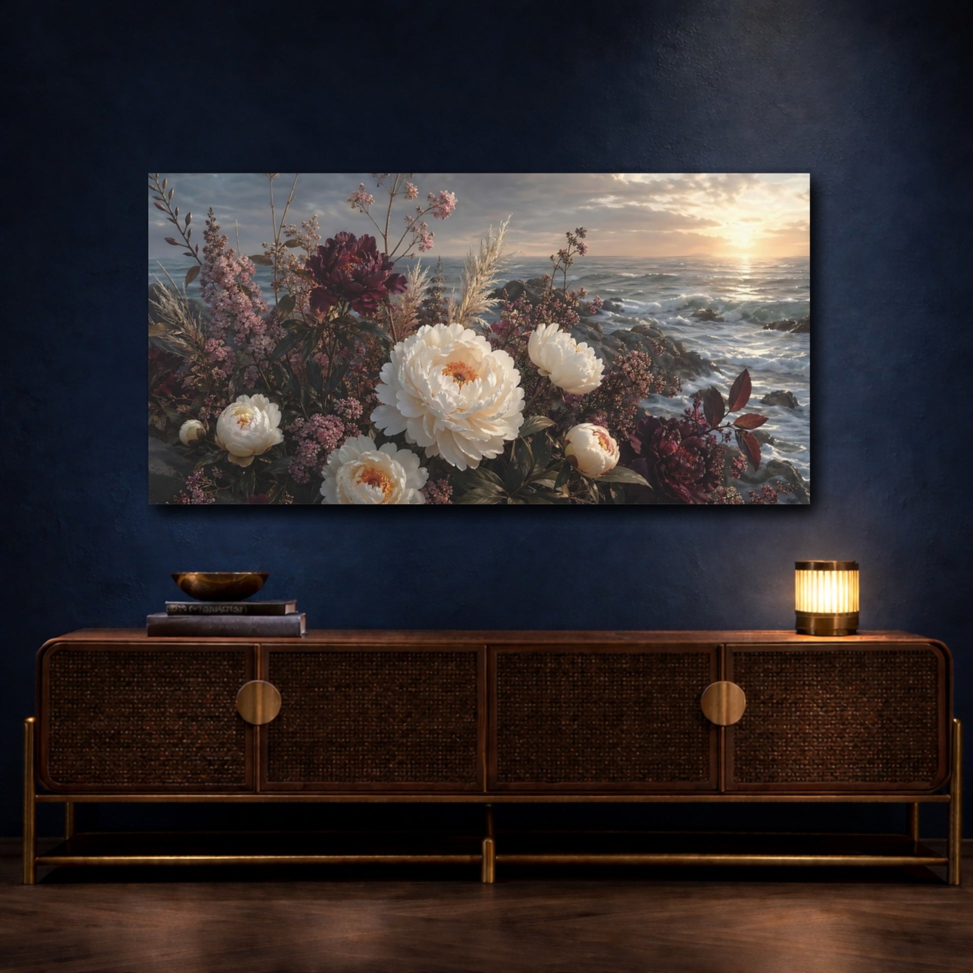 Mockup 4. Floral Peonies White And Burgundy Floral shown as stretched canvas wall art