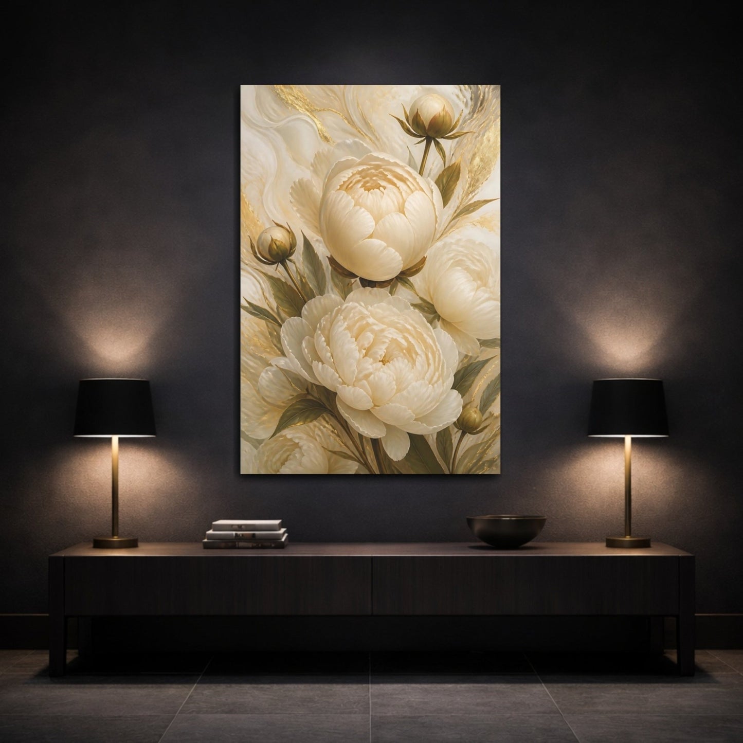 Floral Peonies White And Gold Canvas Print Wall Art – elegant Living Room, Above Sofa - YesArtYes