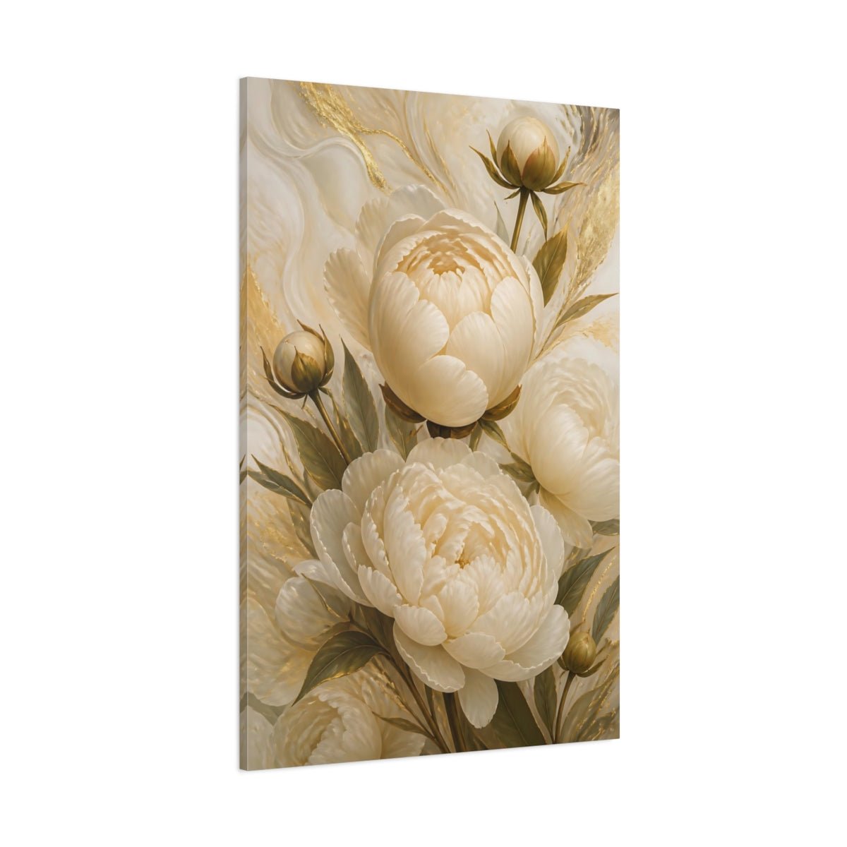 Floral Peonies White And Gold Canvas Print Wall Art – elegant Living Room, Above Sofa - YesArtYes