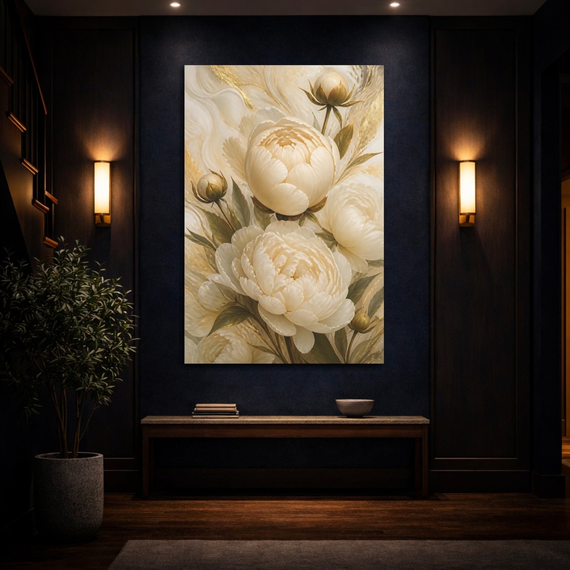 Floral Peonies White And Gold Canvas Print Wall Art – elegant Living Room, Above Sofa - YesArtYes