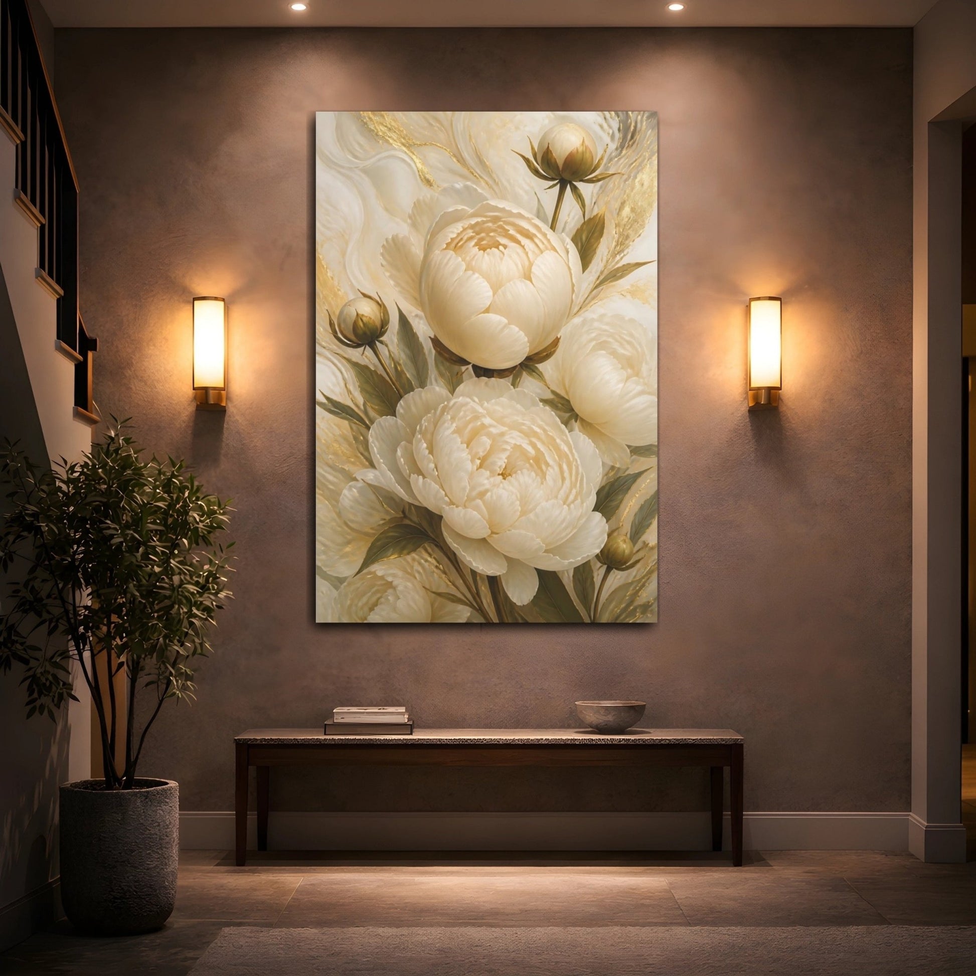 Floral Peonies White And Gold Canvas Print Wall Art – elegant Living Room, Above Sofa - YesArtYes