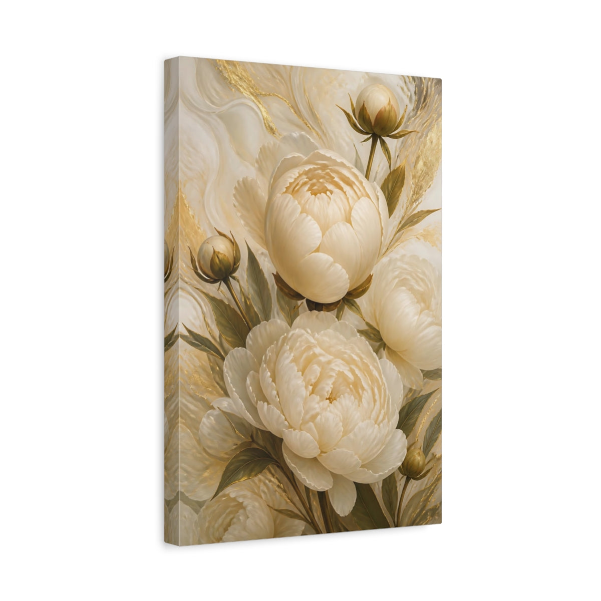 Side Mockup 4. Floral Peonies White And Gold shown as canvas print
