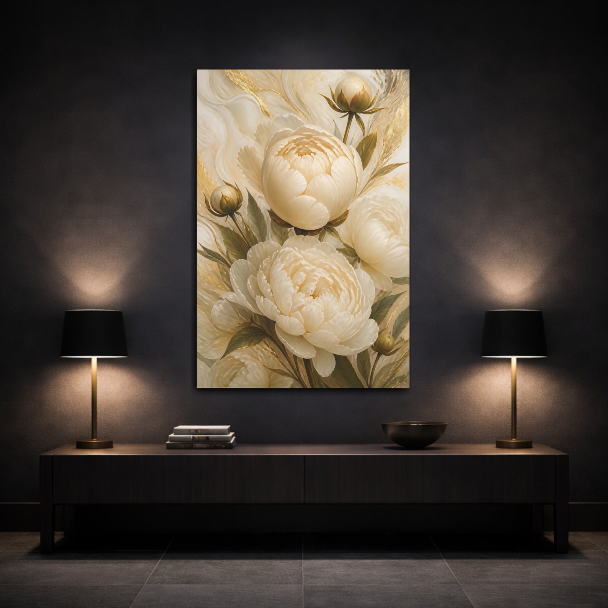 Mockup 3. Floral Peonies White And Gold shown as canvas print