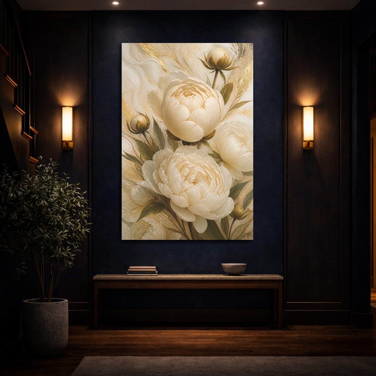 Mockup 4. Floral Peonies White And Gold shown as canvas print