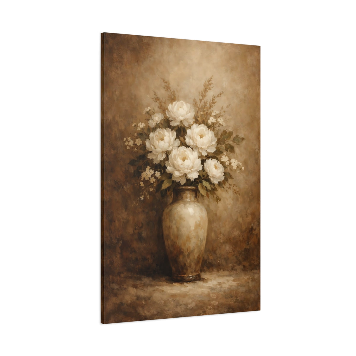 Main Mockup. Floral Peonies White Brown Floral shown as stretched canvas wall art
