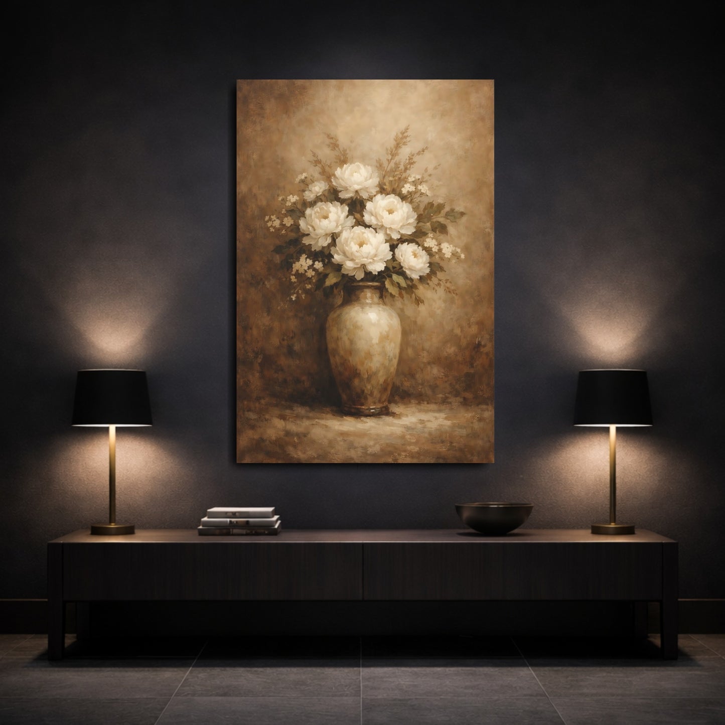 Mockup 2. Floral Peonies White Brown Floral shown as stretched canvas wall art