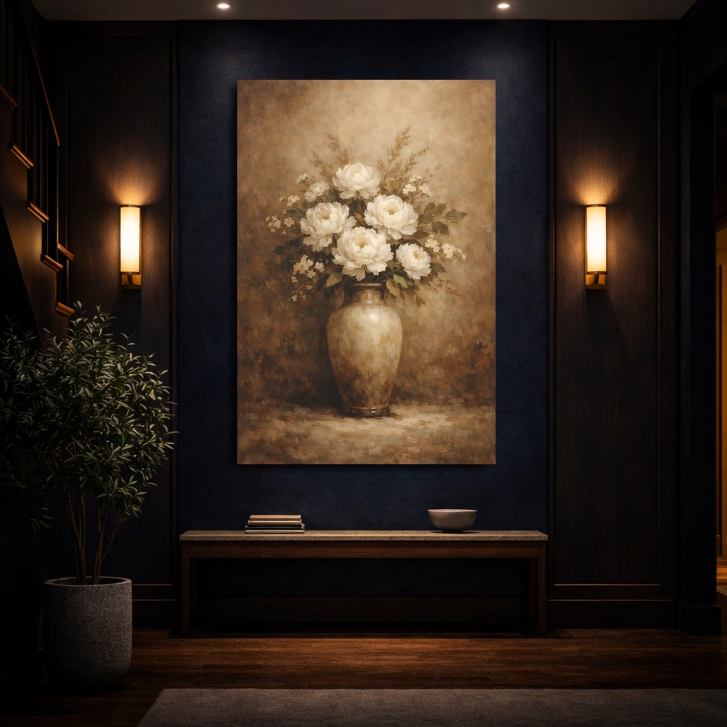 Mockup 3. Floral Peonies White Brown Floral shown as stretched canvas wall art
