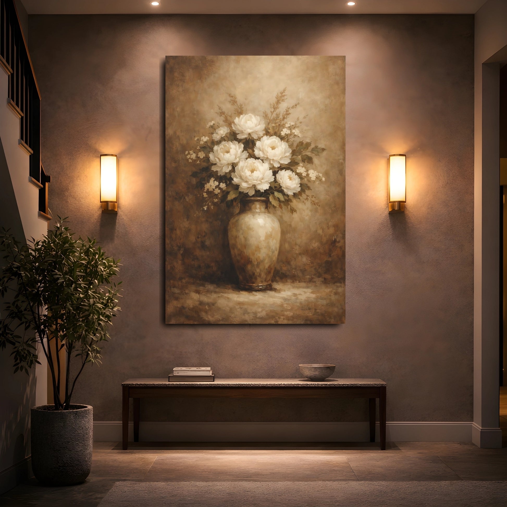 Mockup 4. Floral Peonies White Brown Floral shown as stretched canvas wall art
