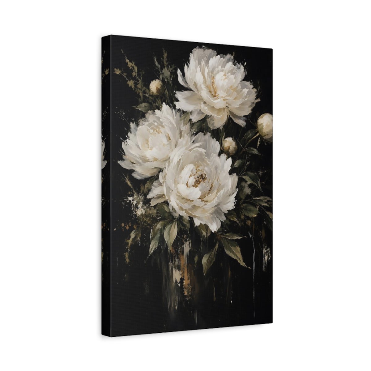 Floral Peonies White Dark Canvas Print – modern Living Room, Above Couch - YesArtYes